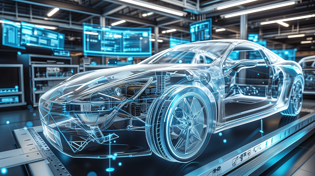 illistriertes modernes Auto in einer Fabrik